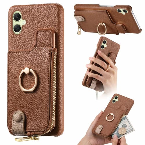 Funda para Teléfono Samsung Galaxy A05 Litchi Leather Oil Edge Ring Zipper Wallet Back (Marrón)