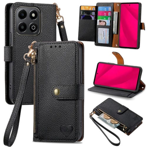 Funda de Cuero con Cordón y Cremallera para Honor 200 Smart Love (Negra)
