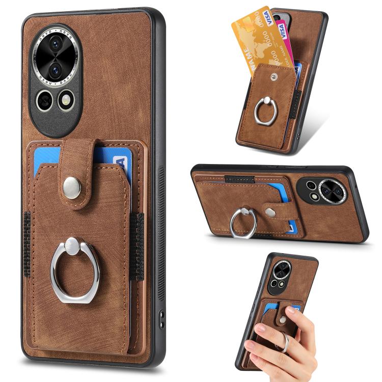 Funda para Teléfono Huawei Nova 13 con Tarjetero y Anillo Tacto de Piel (Marrón)
