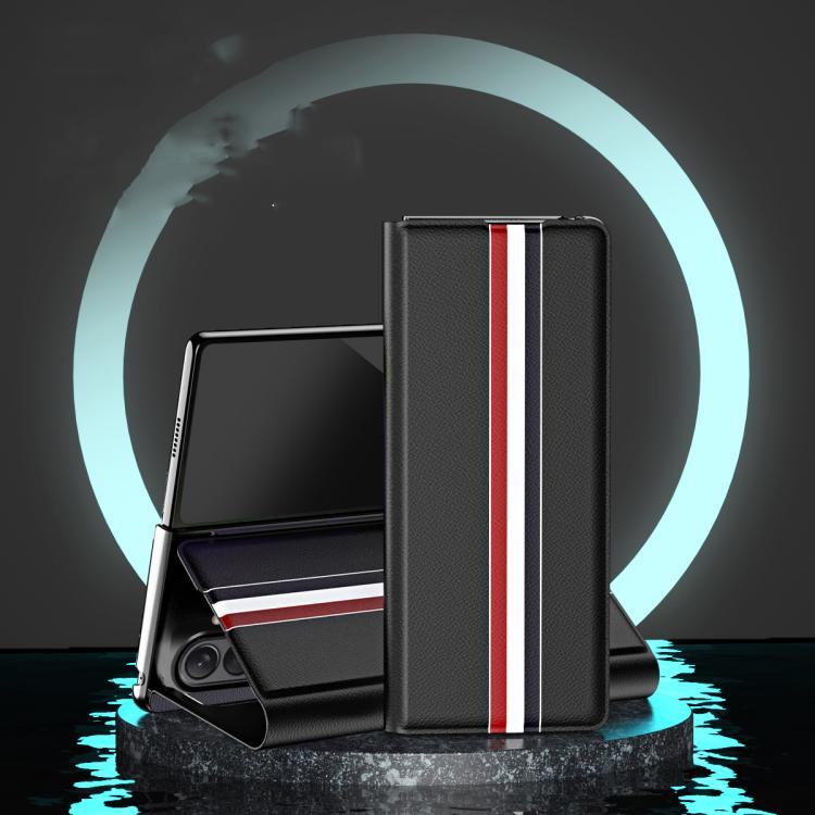 Funda trasera de PU con textura de lichi para Samsung Galaxy Z Fold7 5G con soporte (negra)