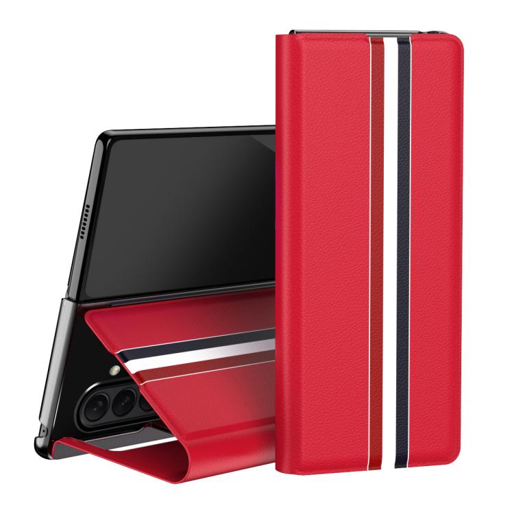 Funda trasera de PU con textura de lichi para Samsung Galaxy Z Fold7 5G con soporte (roja)