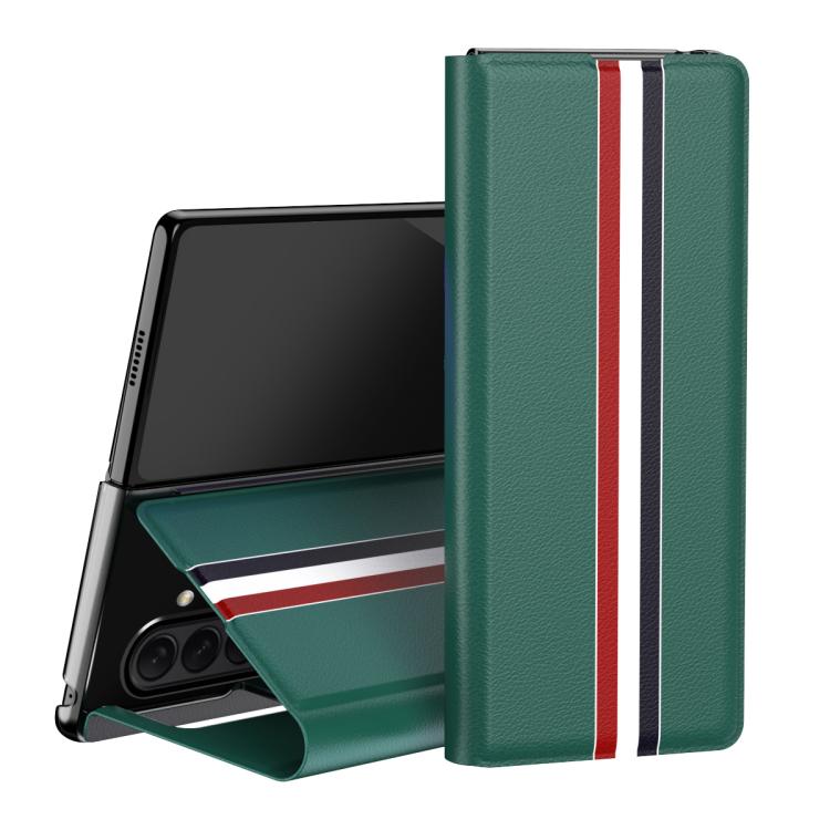Funda trasera de PU con textura de lichi para Samsung Galaxy Z Fold7 5G con soporte (verde)