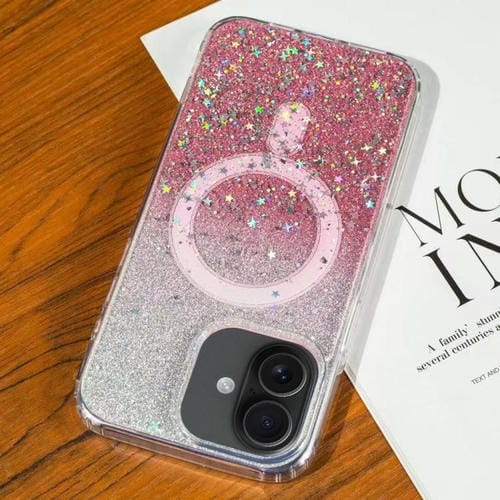 Funda MagSafe con purpurina y estrellas para iPhone 16 Plus (rosa degradado)