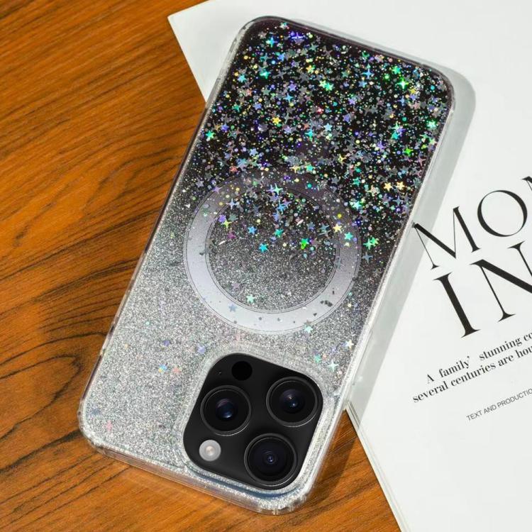 Funda MagSafe con purpurina y estrellas para iPhone 16 Pro Max (negro degradado)
