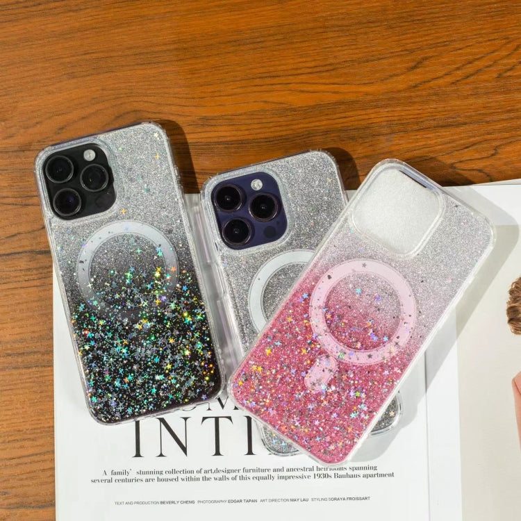 Funda MagSafe con purpurina y estrellas para iPhone 16 Pro Max (negro degradado)