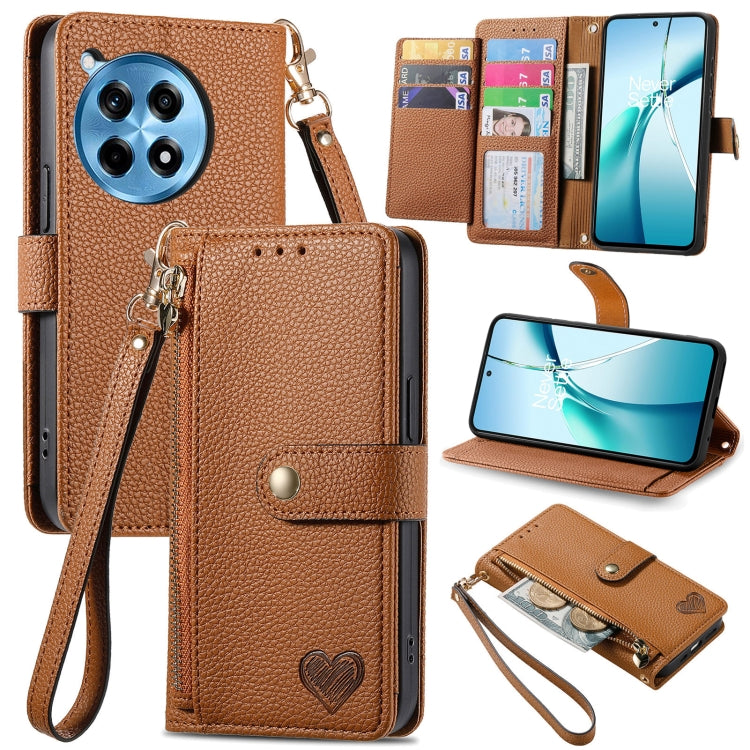 Funda de Cuero con Cordón y Cremallera Love para OnePlus Ace 3 Pro (Marrón)