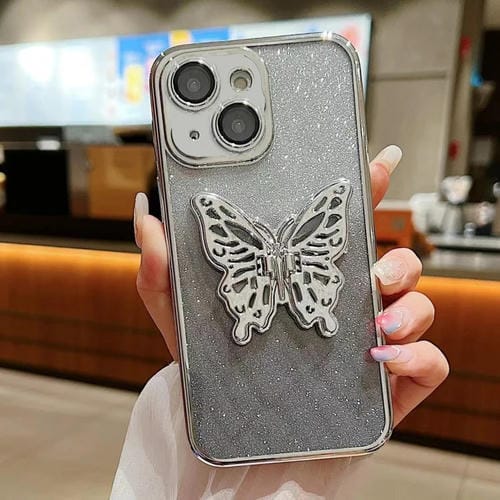 Estuche para teléfono TPU iPhone 15 Mariposa 3D Brillo Degradado Galvanizado (Plateado Degradado) - MOVILSTORE