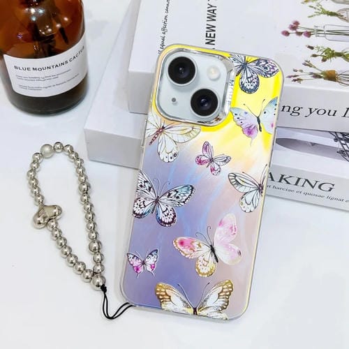 Funda para Teléfono iPhone 15 Mariposa Låser Galvanizada con Correa para Muñeca (Mariposas Rosadas Ab2) - MOVILSTORE