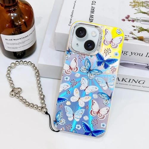 Funda para Teléfono iPhone 15 con Mariposa Låser Galvanizada y Correa para Muñeca (Mariposas Azules) - MOVILSTORE