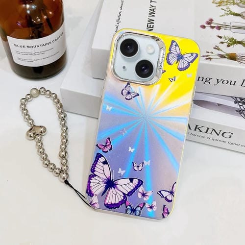 Funda para iPhone 15 Diseño Mariposa Galvanoplastia Låser Correa Muñeca (Morado) - MOVILSTORE