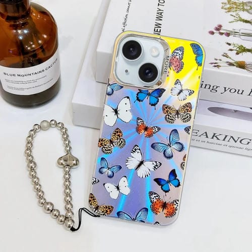 Funda para Teléfono iPhone 15 Mariposa Låser Galvanizada con Correa para Muñeca (Mariposas de Color Ab1) - MOVILSTORE