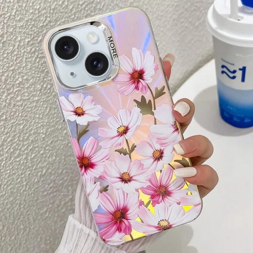 Funda TPU iPhone 15 Textura Flor Láser Galvanizado (Flor Cosmos Ah7) - MOVILSTORE