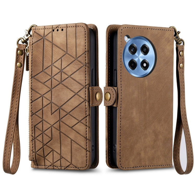 Funda de Cuero para OnePlus Ace 3 Pro con Hebilla Lateral y Cierre Geométrico (Marrón)