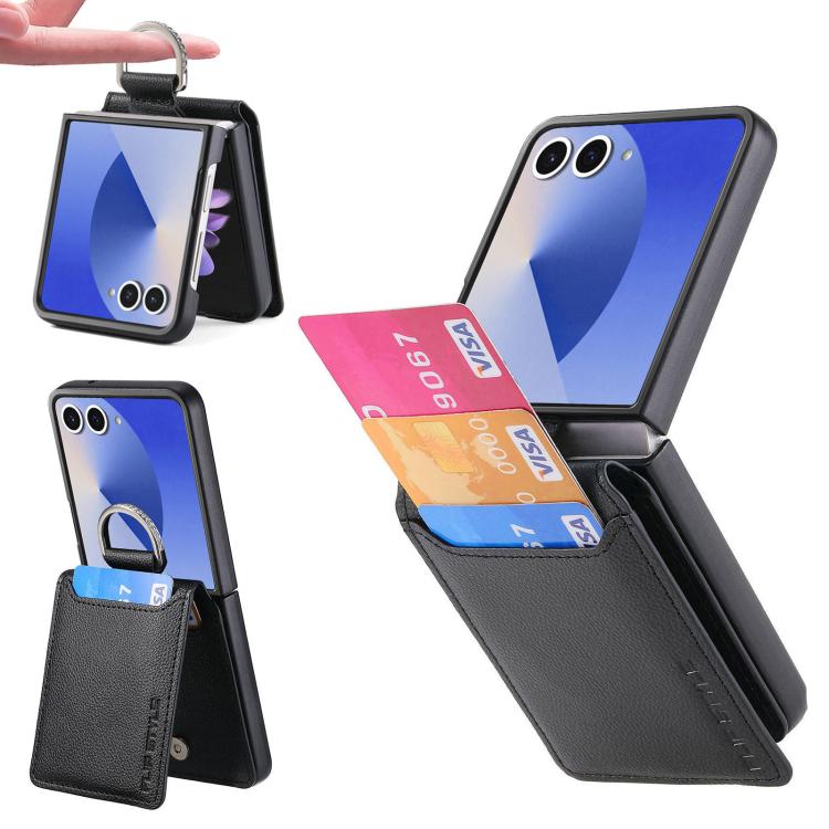 Funda tipo cartera con anillo de cuero con textura de lichi para Samsung Galaxy Z Flip7 5G (negra)