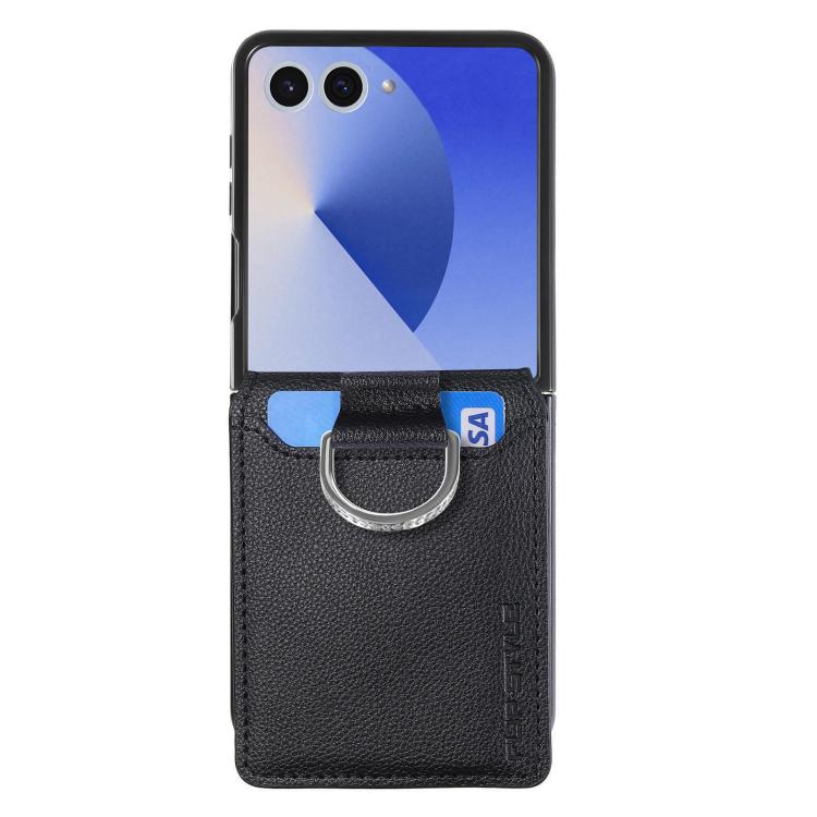 Funda tipo cartera con anillo de cuero con textura de lichi para Samsung Galaxy Z Flip7 5G (negra)