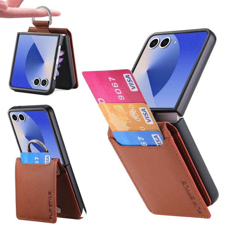 Funda tipo cartera con anillo de cuero con textura de lichi para Samsung Galaxy Z Flip7 5G (marrón)