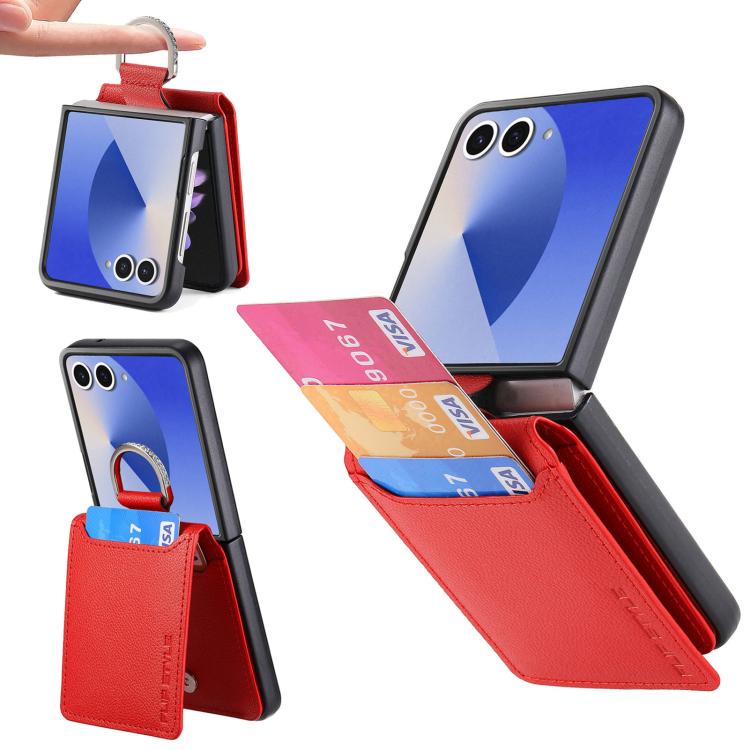 Funda tipo cartera con anillo de cuero con textura de lichi para Samsung Galaxy Z Flip7 5G (roja)