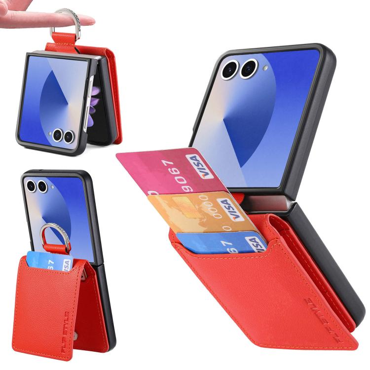 Funda tipo cartera con anillo de cuero con textura de lichi para Samsung Galaxy Z Flip7 5G (naranja)