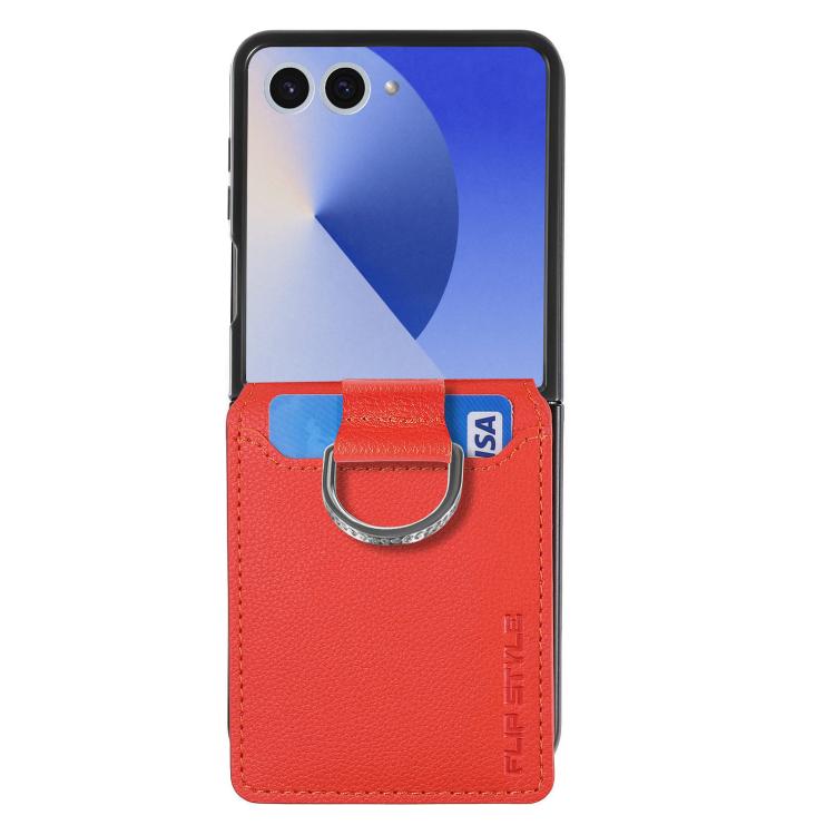 Funda tipo cartera con anillo de cuero con textura de lichi para Samsung Galaxy Z Flip7 5G (naranja)