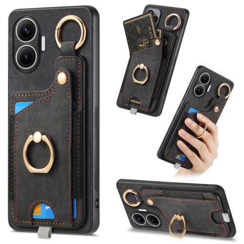 Funda para Redmi Turbo 4 Pro con diseño retro de piel sintética, con anillo y asa para colgar (negra)