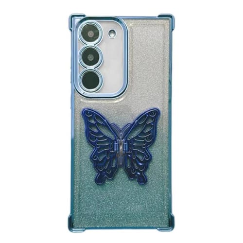 Estuche para Teléfono Samsung Galaxy S22 TPU a Prueba de Golpes con Mariposa 3D y Brillo Galvanizado (Azul Degradado)