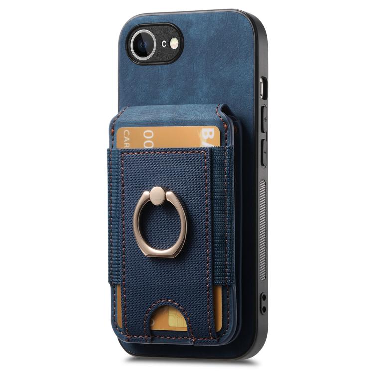 Funda de Cuero para iPhone 16E con Soporte Magnético Divisible y Estilo Retro (Azul)