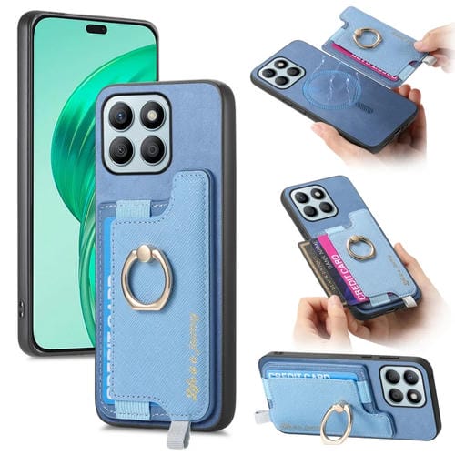 Funda para Teléfono Honor X8B con Tarjetero y Anillo de Cuero Retro Magsafe Cross (Azul)