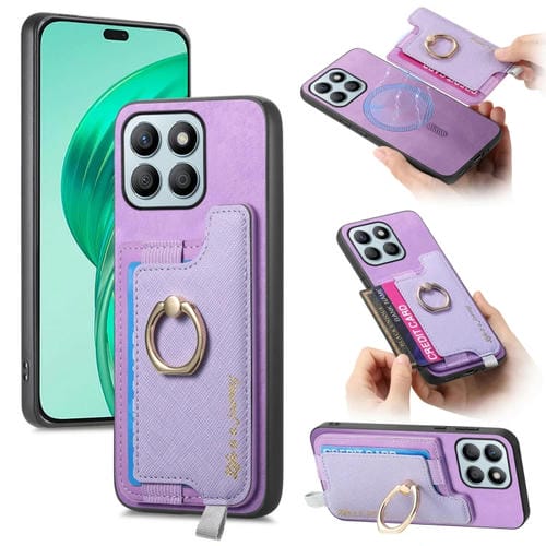 Funda para Teléfono Honor X8B con Tarjetero y Anillo de Cuero Retro Magsafe (Morado)