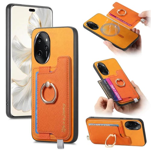 Funda para Teléfono Honor 100 Pro con Tarjetero Anillo Cuero Retro Magsafe (Amarillo)