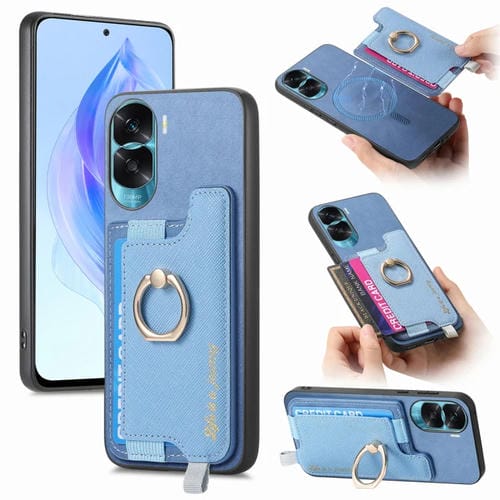 Funda para Teléfono Honor X50I con Tarjetero y Anillo de Cuero Retro Magsafe (Azul)