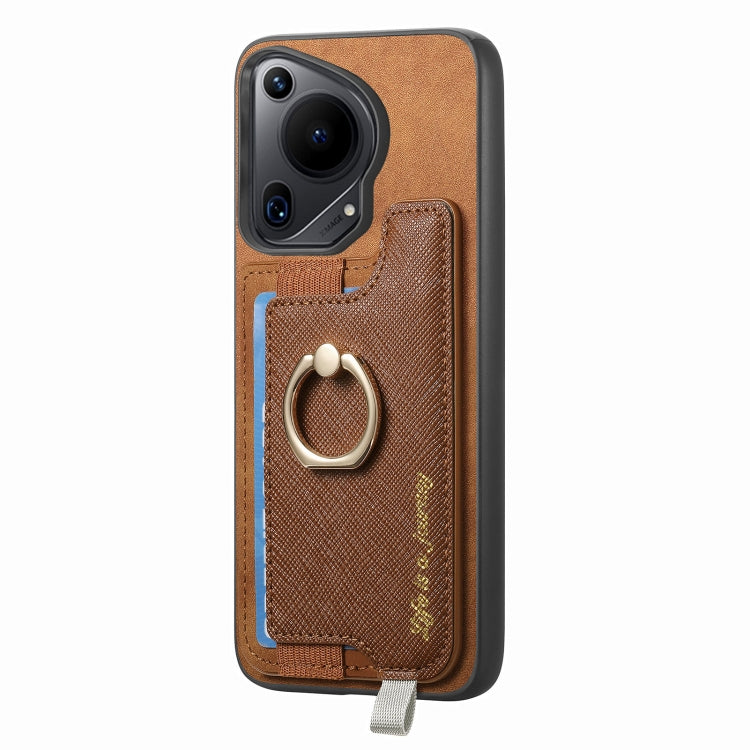 Funda para Teléfono Huawei Pura 70 Pro con Tarjetero y Anillo de Cuero Retro Magsafe (Marrón)
