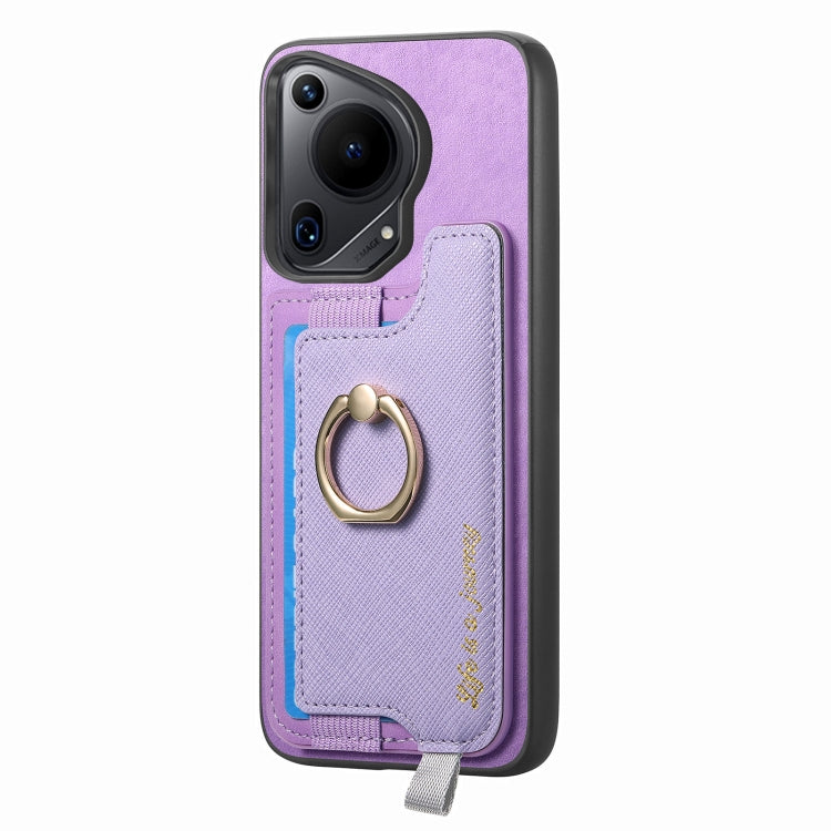 Funda para Teléfono Huawei Pura 70 Pro+ con Tarjetero y Anillo de Cuero Retro (Morado)