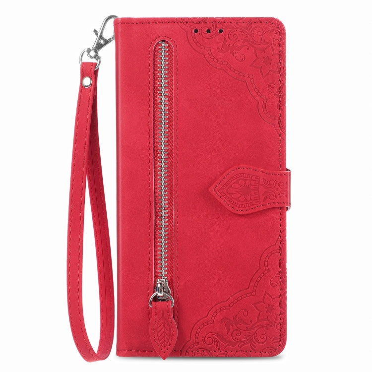 Funda de Cuero con Cremallera y Flores en Relieve para Oukitel C53 (Rojo)