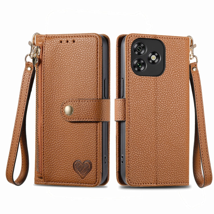 Funda de Cuero con Cordón y Cremallera Love para Oukitel C53 (Marrón)