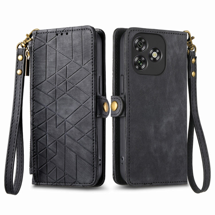 Funda de Cuero con Hebilla Lateral y Cremallera Geométrica para Oukitel C53 (Negro)