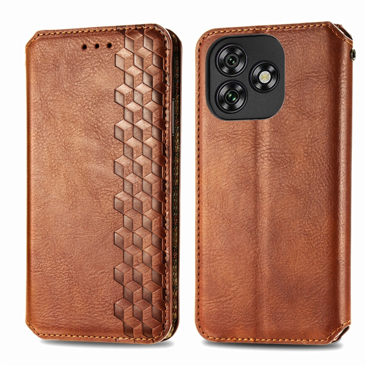 Funda de Cuero Magnética para Oukitel C53 con Diseño de Cuadrícula Cúbica (Marrón)