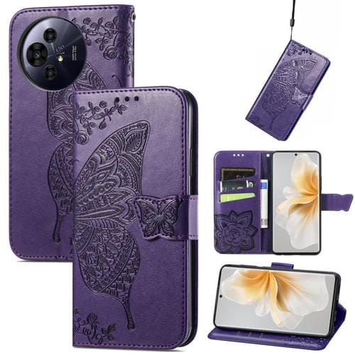 Funda de Cuero para TCL 50 Pro Nxtpaper con Relieve Mariposa y Flor (Morado)
