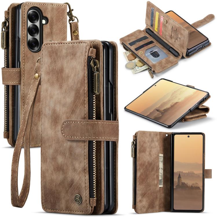 Funda de cuero con ranuras para tarjetas y cremallera para Samsung Galaxy Z Fold7 CaseMe C30 (marrón)