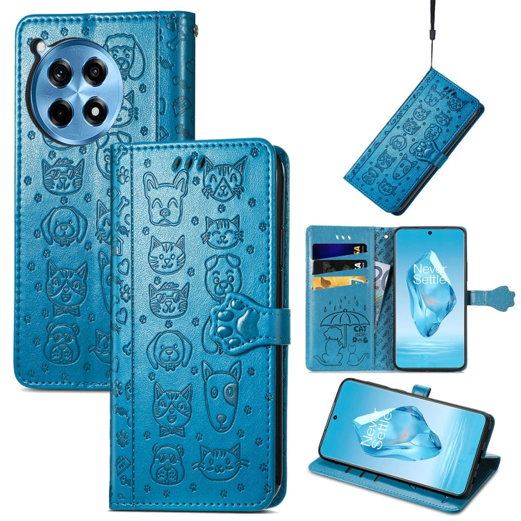 Funda de Piel con Relieve Gato y Perro para OnePlus Ace 3 Pro (Azul)