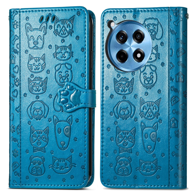 Funda de Piel con Relieve Gato y Perro para OnePlus Ace 3 Pro (Azul)
