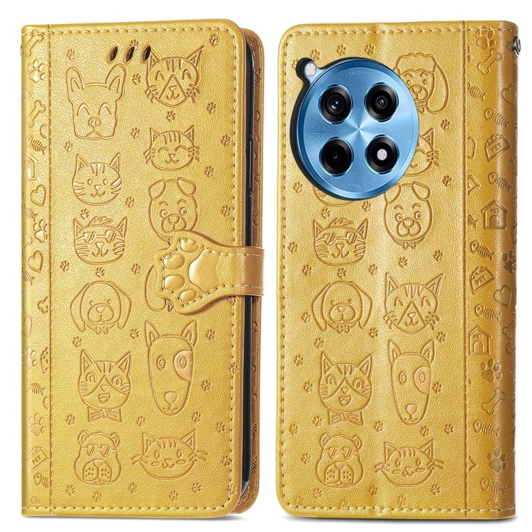 Funda de Piel con Relieve Gato y Perro para OnePlus Ace 3 Pro (Amarilla)