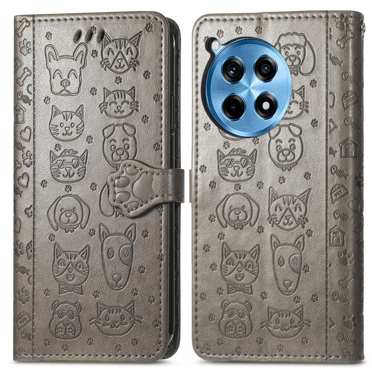 Funda de Piel con Relieve de Gato y Perro para OnePlus Ace 3 Pro (Gris)
