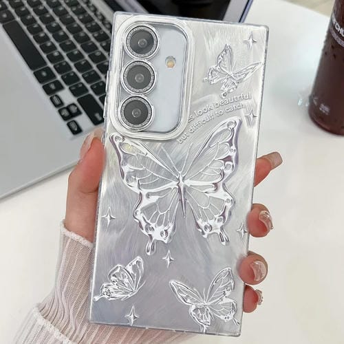 Funda de TelĂ©fono TPU Samsung Galaxy A25 5G Textura Chapada Mariposa PelĂcula Lente Brillante (Mariposas Plateadas)