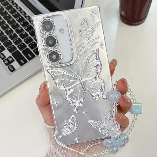 Funda de TelĂ©fono TPU Samsung Galaxy A25 5G con Pulsera de Mariposa y PelĂcula de Lente (Plateada)