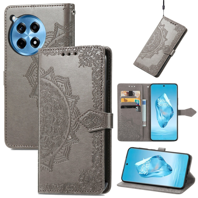 Funda de Cuero con Relieve de Flor de Mandala para OnePlus Ace 3 Pro (Gris)