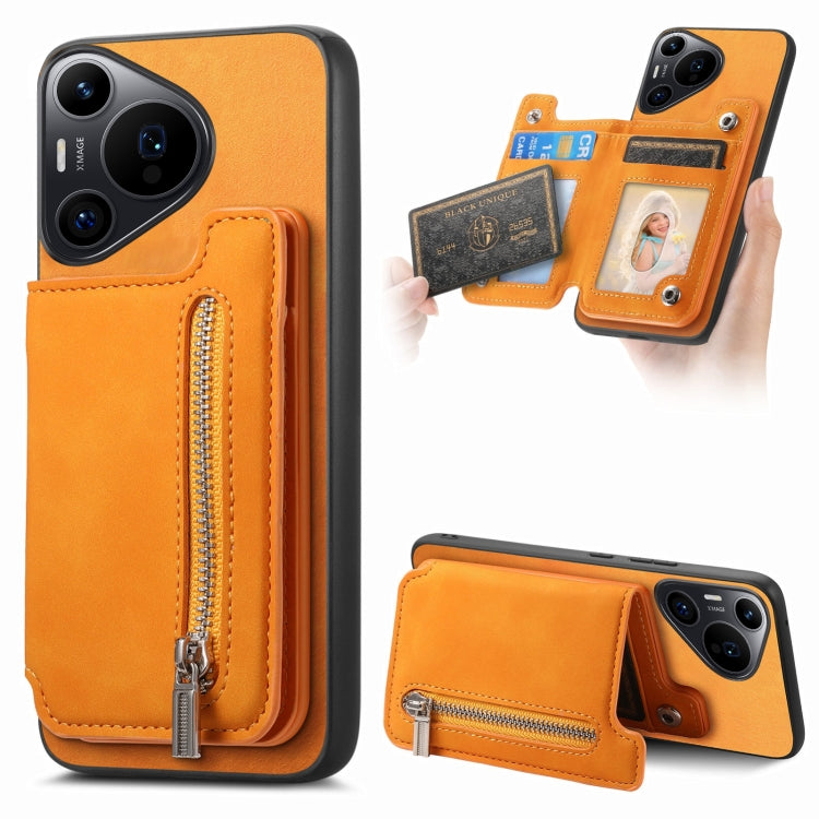 Funda para Teléfono Huawei Pura 70 Pro con Cremallera Magsafe Retro Tarjetero y Bolsillo (Amarillo)