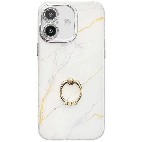 Estuche para Teléfono iPhone 16 Plus Soporte de Anillo Textura Mármol Galvanizado (Dorado y Blanco S1)