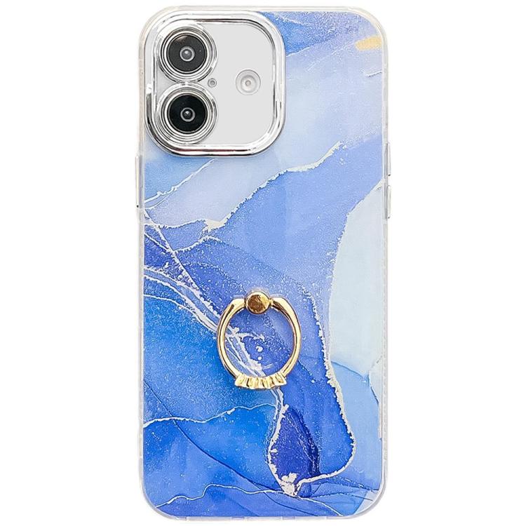 Funda para Teléfono iPhone 16 con Soporte de Anillo Textura Mårmol Galvanizado (Azul Oscuro)