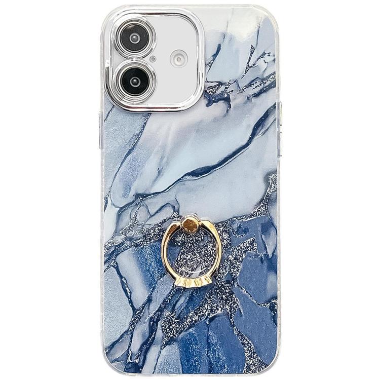 Funda para Teléfono iPhone 16 Soporte de Anillo Textura Mårmol Galvanizado (Azul Marino)
