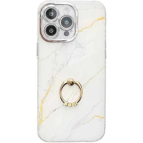 Funda para Teléfono iPhone 15 Pro Max Soporte de Anillo Textura Mårmol Galvanizado (Dorado y Blanco S1)
